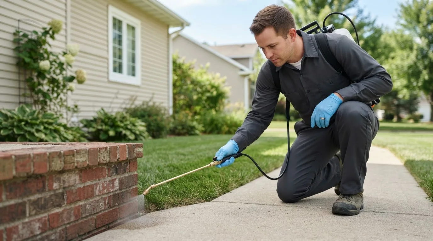 Pest control technician treating a home near Poultney, VT